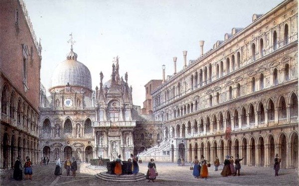 Nádvoří Palazzo Ducale, Benátky, vyryto Brizeghelem (litho) od Marco (after) Moro
