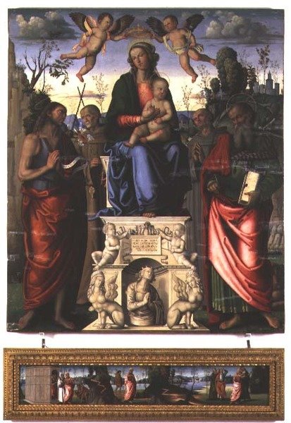 Madona s dítětem se sv. Janem Křtitelem, sv. Bernardinem ze Sieny a sv. Jeronýmem (panel) od Marco (attr. to) Meloni