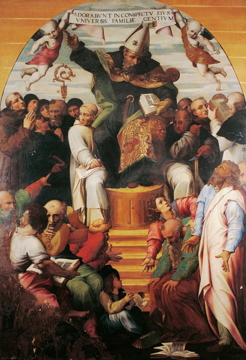 Pyhä Augustinus kirkkaudessa riitelemässä harhaoppisten kanssa, kirjoittanut Marco Cardisco (noin 1486-1542) od Marco (c.1486 1542) Cardisco