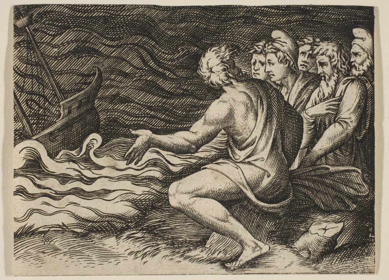 Skupina postav vpravo, která je svědkem ztroskotání, ca. 1515-27. od Marco Dente