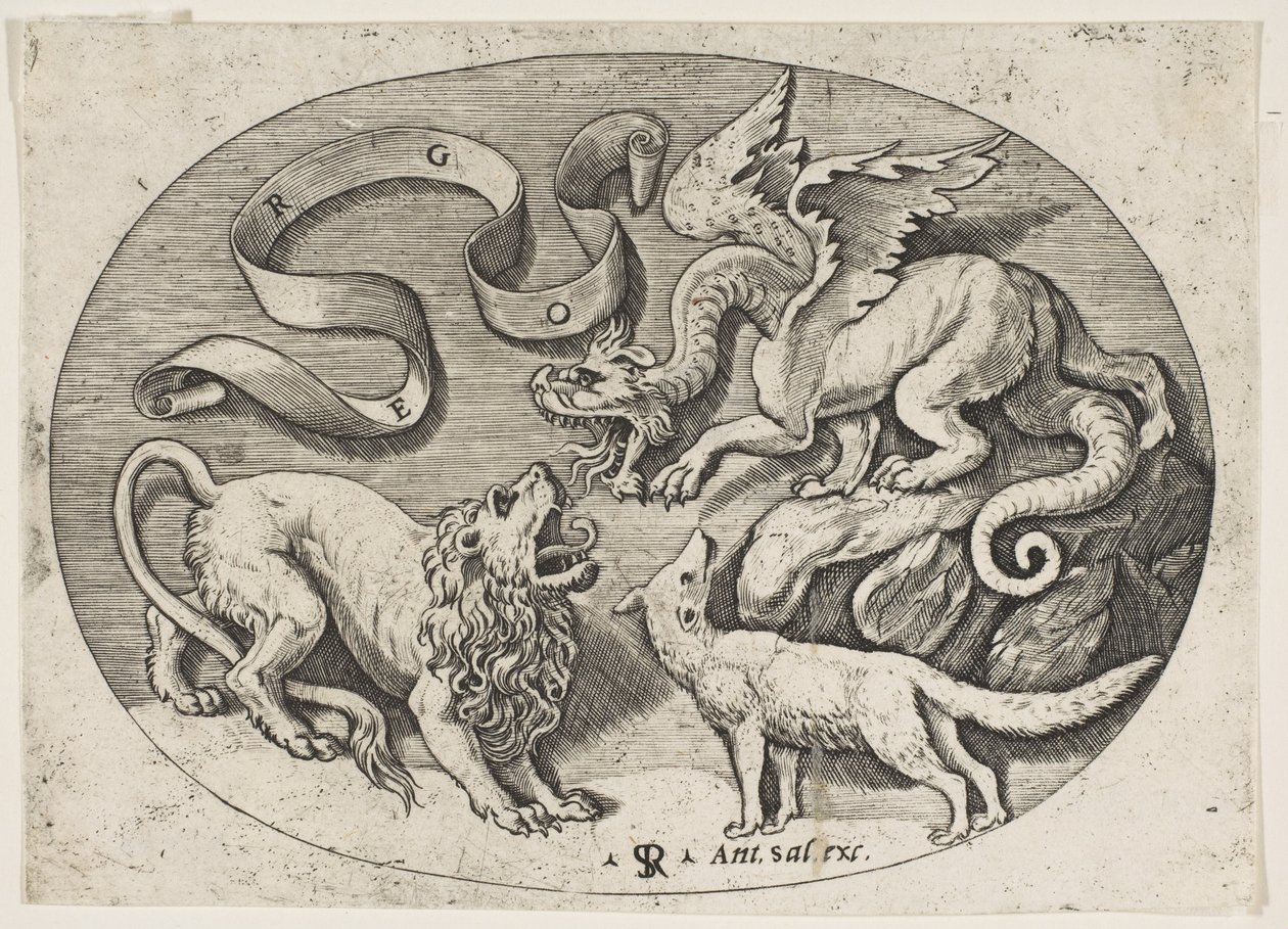 Lev, drak a liška bojující proti sobě, nahoře vepsaný banderole, oválný c..., ca. 1515-27. od Marco Dente