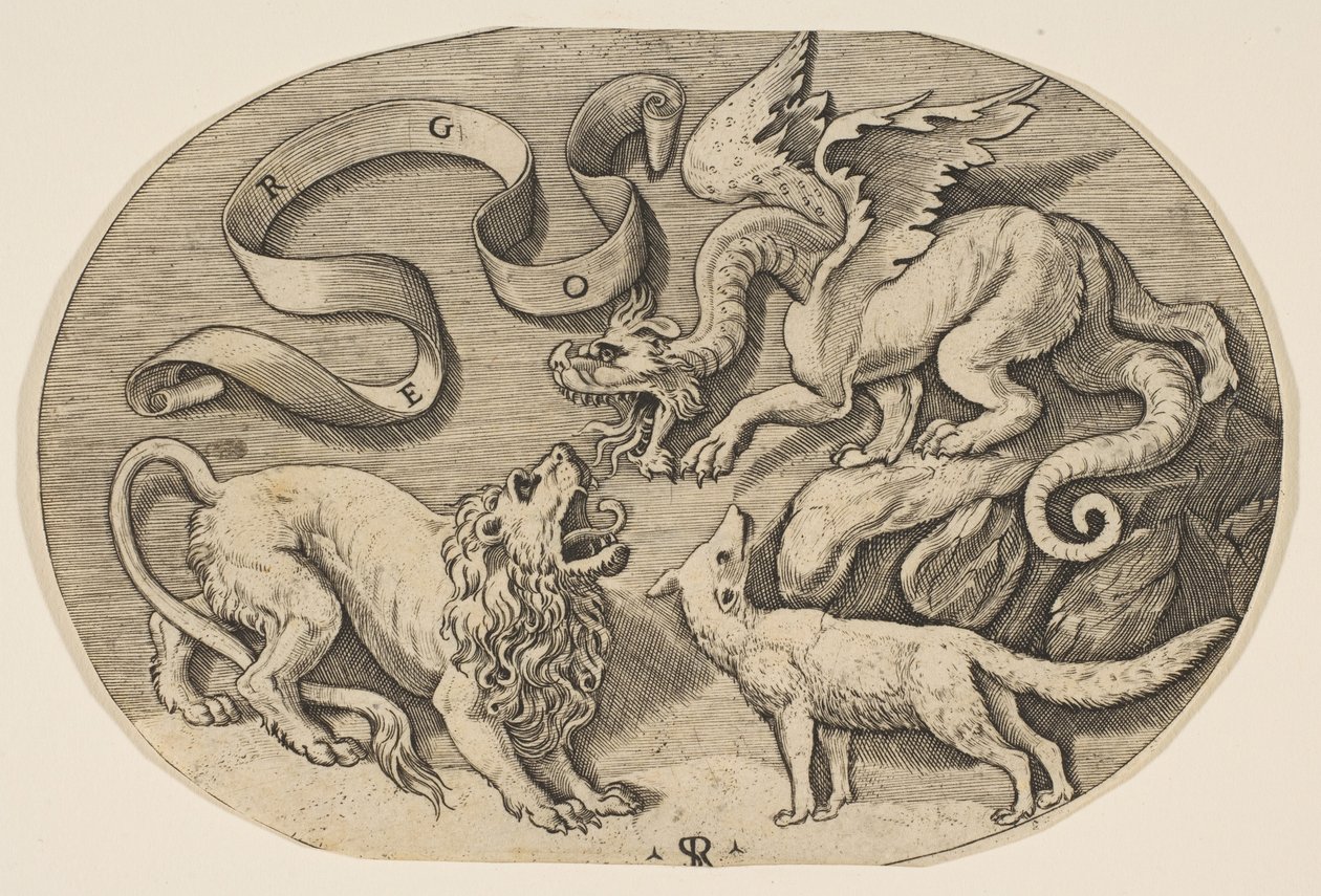 Lev, drak a liška bojující proti sobě, nahoře vepsaný banderole, oválný c..., ca. 1515-27. od Marco Dente