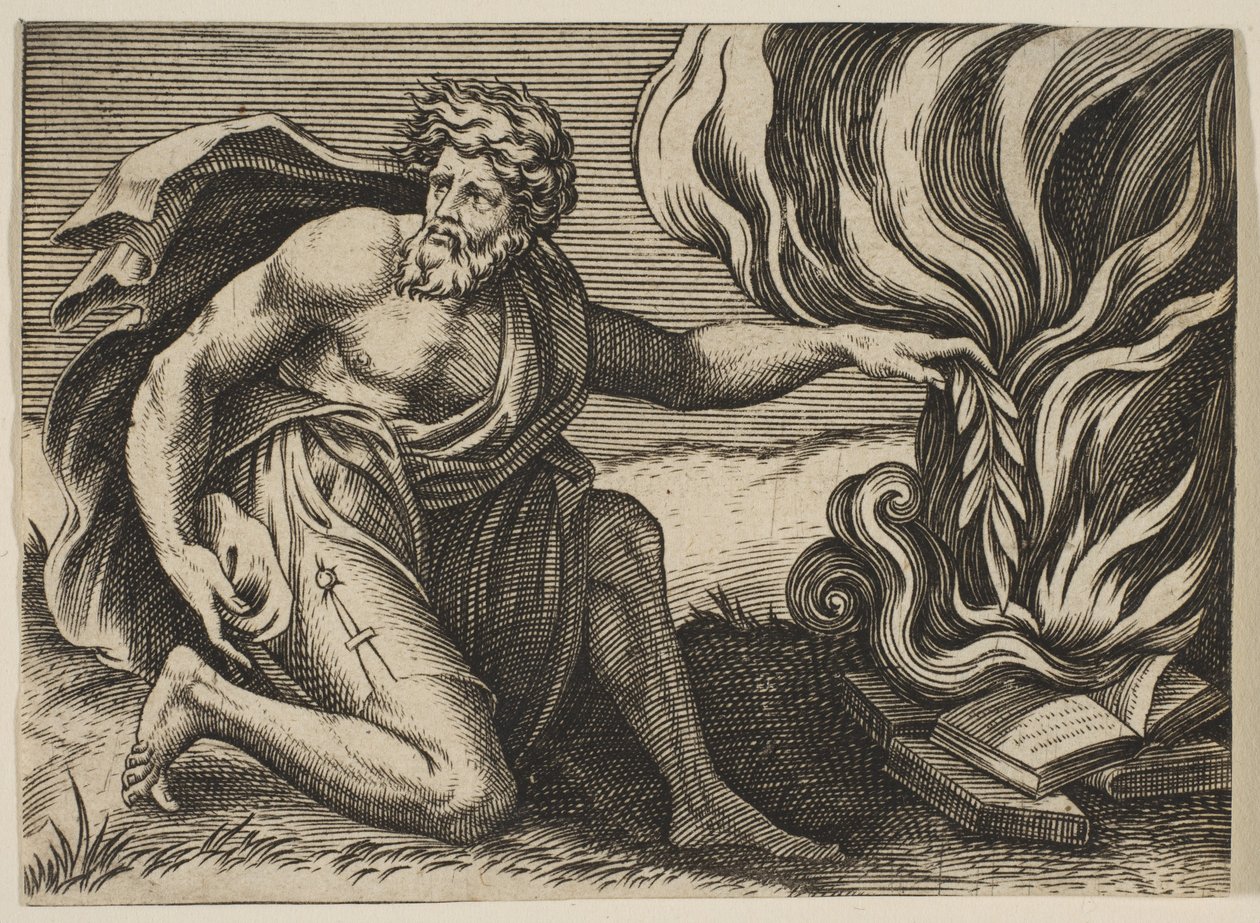 Muž klečí a klade vavřínovou větev na hromadu hořících knih, ca. 1515-27. od Marco Dente