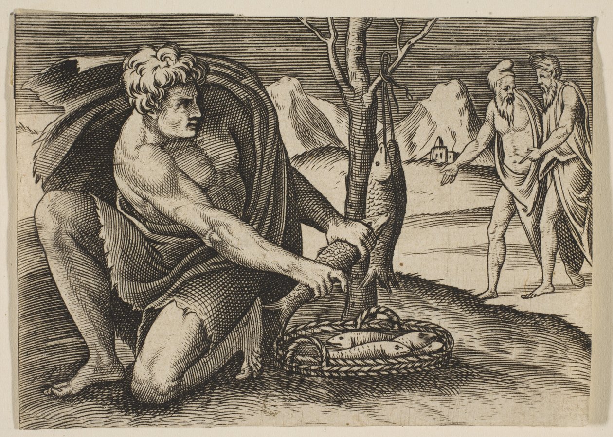 Muž klečící vedle košíku s rybami a jednu si bere oběma rukama, dva muži u ..., ca. 1515-27. od Marco Dente