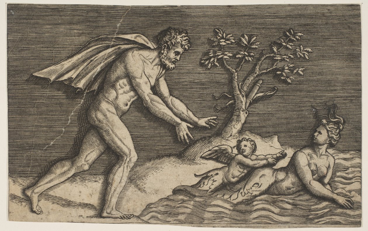 Nahý muž vrhající naiadu a cupida do vody, ca. 1515-27. od Marco Dente