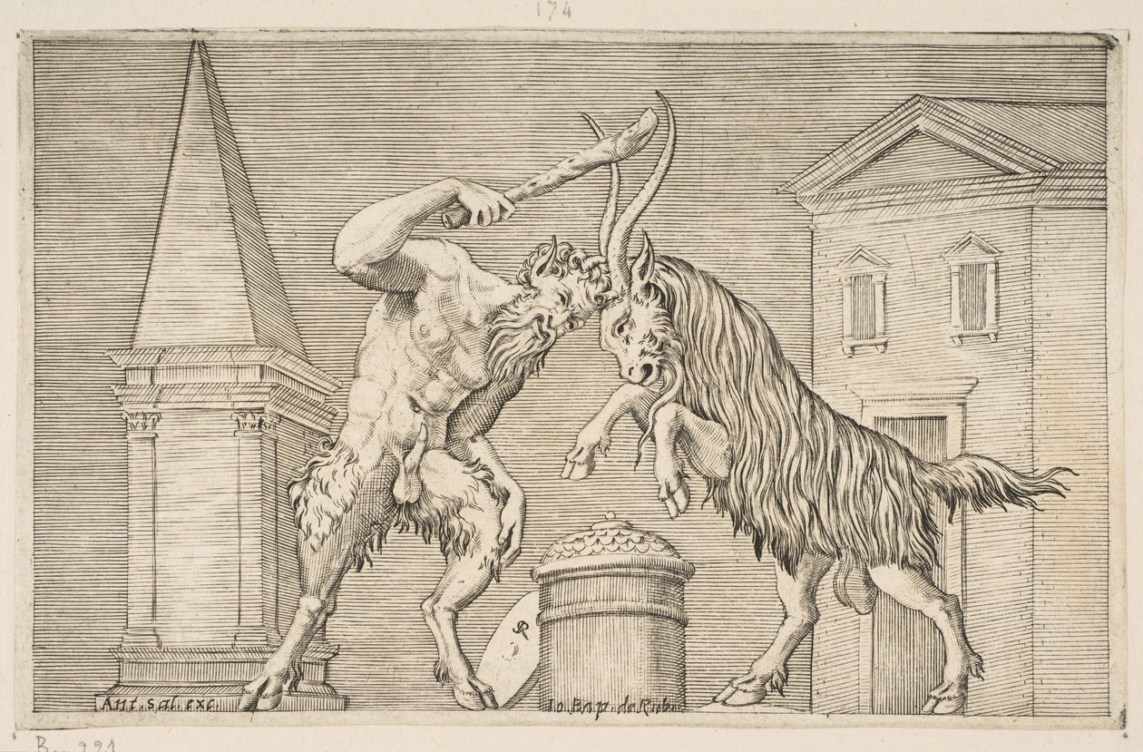 Satyr a beran na sebe útočí, satyr třímá kyjem pravou rukou..., ca. 1515-27. od Marco Dente