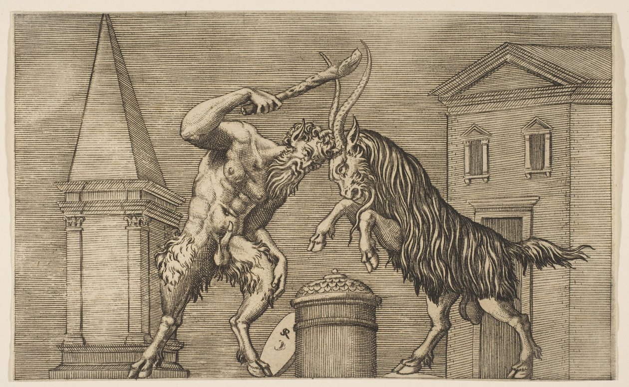 Satyr a beran na sebe útočí, satyr třímá kyjem pravou rukou..., ca. 1515-27. od Marco Dente