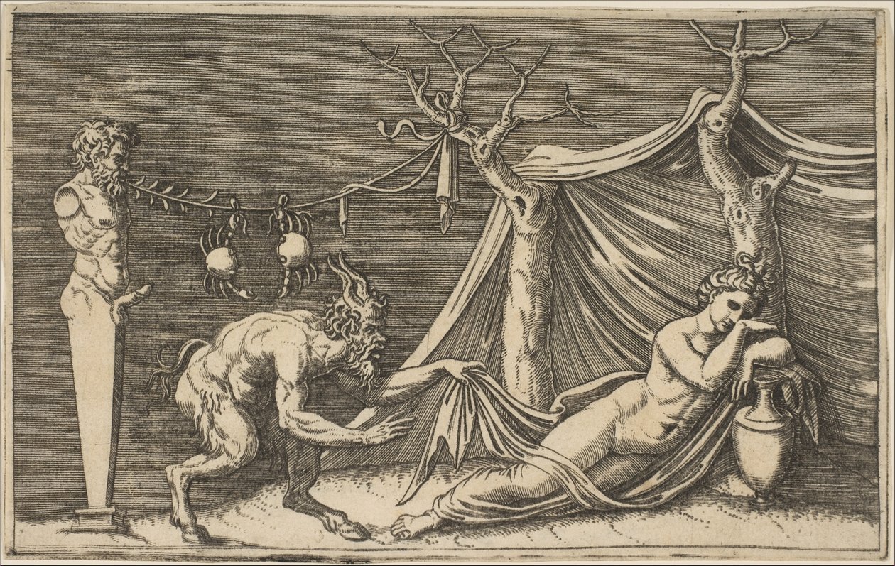 Satyr objevující spící ženu, dva krabi visící na laně, které je navlečeno..., ca. 1515-27. od Marco Dente