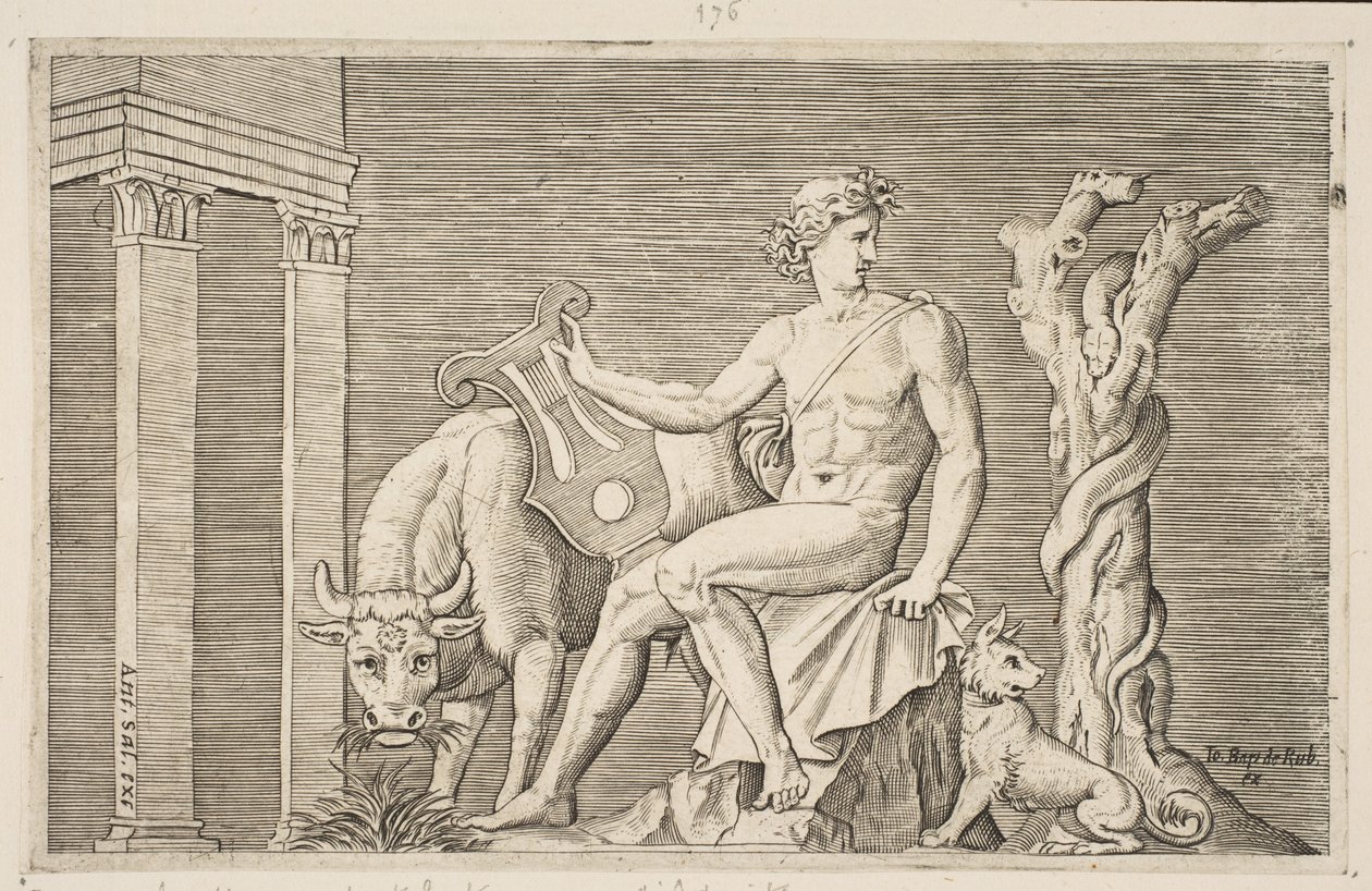 Apollo se staral o stáda Admetus, Apollo seděl, držel lyru a lemoval ho..., ca. 1515-27. od Marco Dente