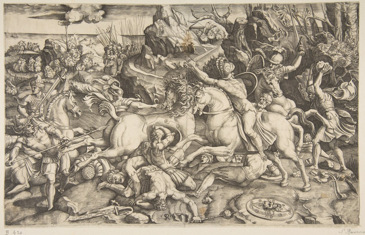 Bitevní scéna v krajině s vojáky na koních a několika padlými muži, další..., ca. 1520. od Marco Dente