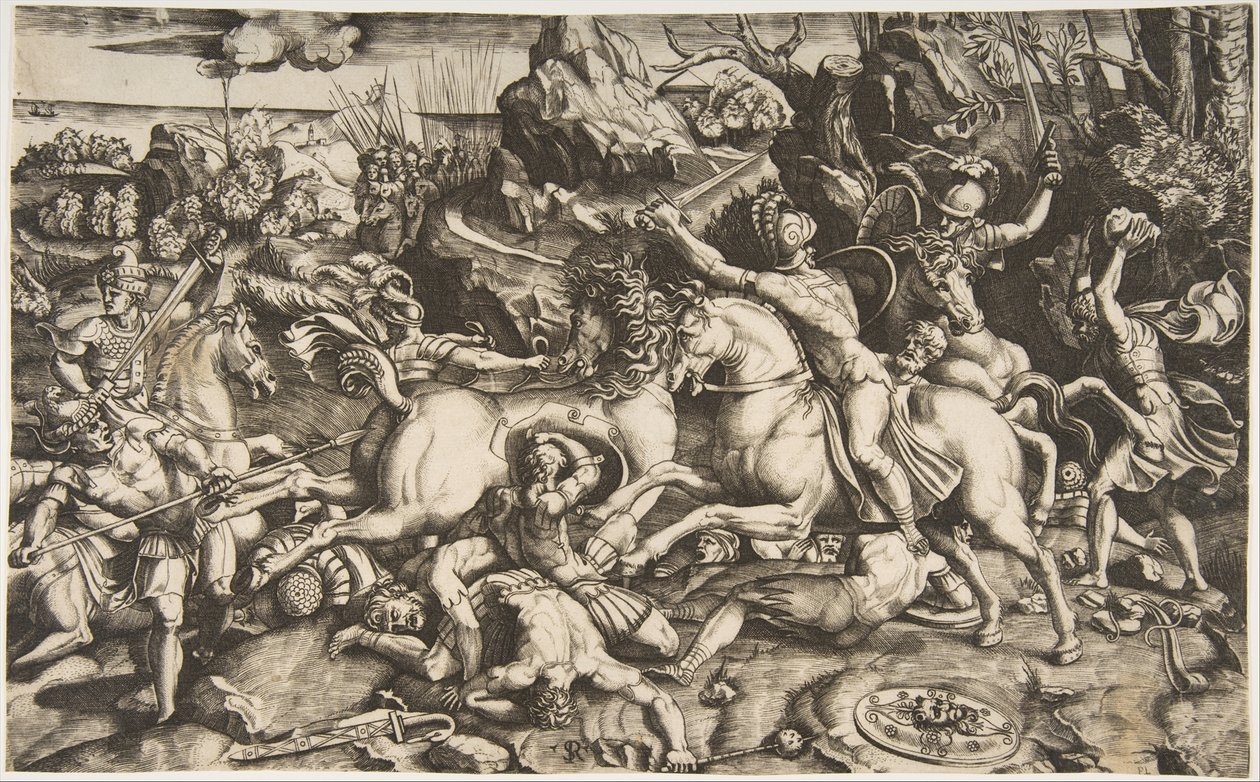 Bitevní scéna v krajině s vojáky na koních a několika padlými muži, další..., ca. 1520. od Marco Dente