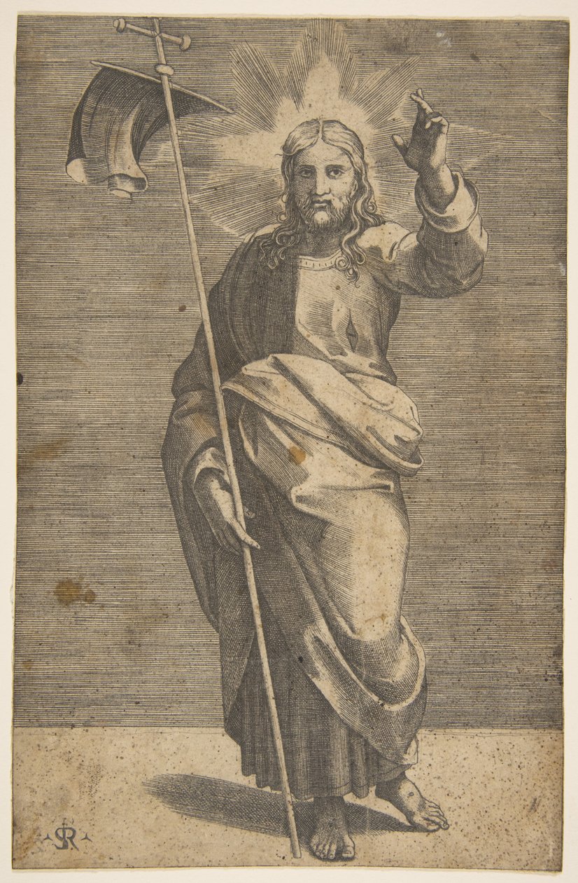 Kristus stojí čelem vpřed, drží kříž s praporem a zvedá levou ..., ca. 1515-27. od Marco Dente
