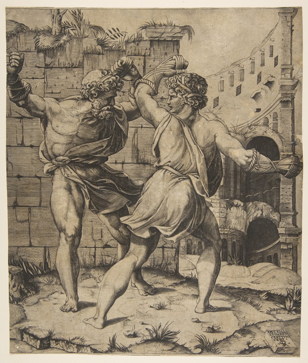 Entellus a Dares bojující před klasickými ruinami, 1520-25. od Marco Dente