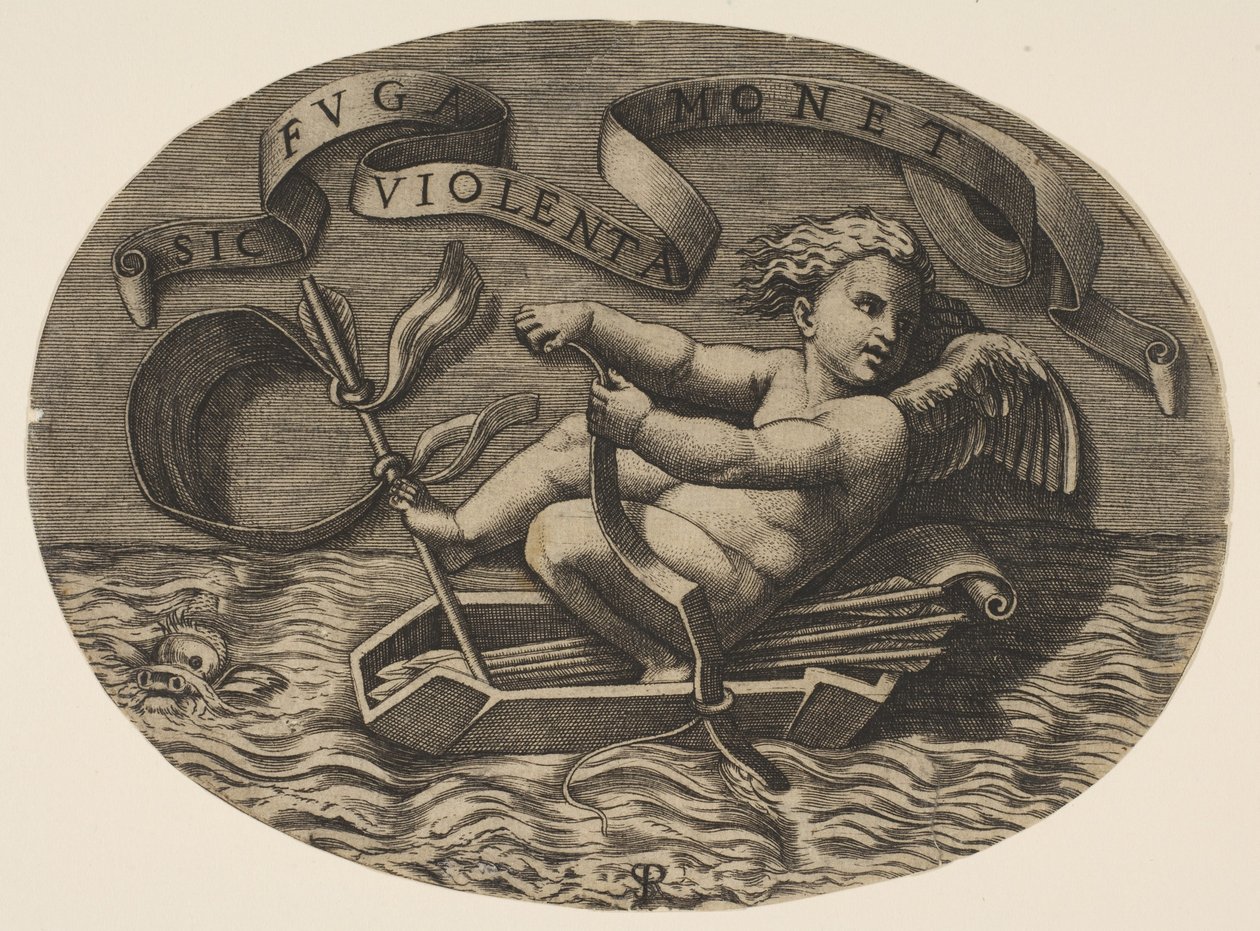 Eros prchající po moři pomocí luku k pohonu člunu vyrobeného z jeho toulce s ar..., ca. 1515-27. od Marco Dente