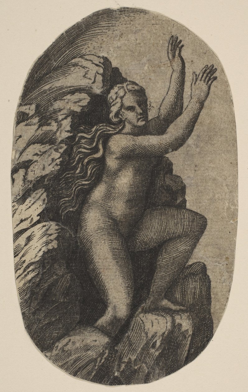 Eurydice nahá stojící na skále, ruce zvednuté doprava, ca. 1515-27. od Marco Dente