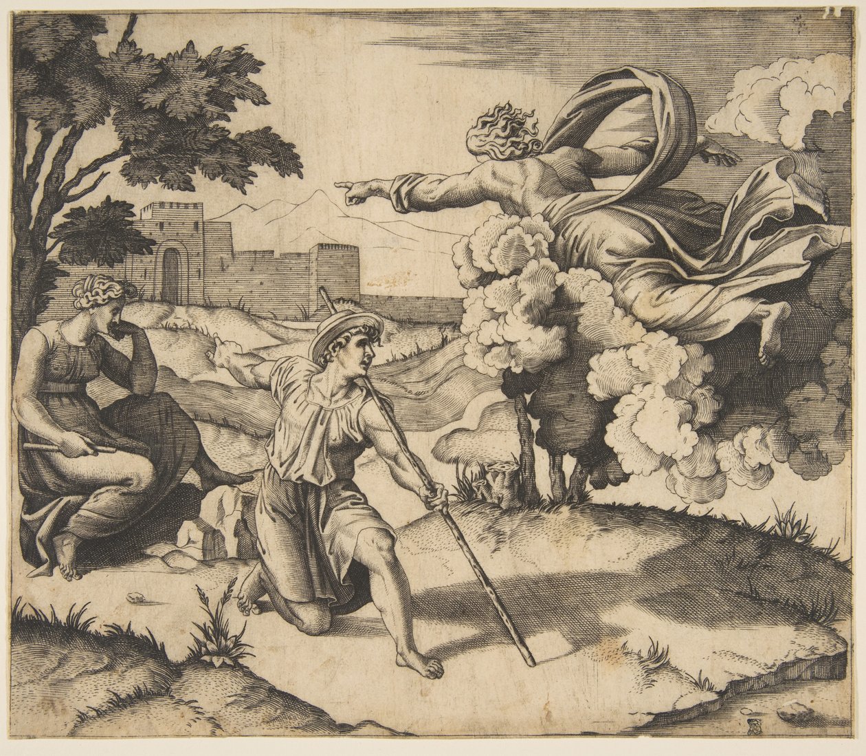 Bůh se zjevuje Izákovi, Bůh plující v oblacích mířící k Rebece sedící pod..., ca. 1515-27. od Marco Dente