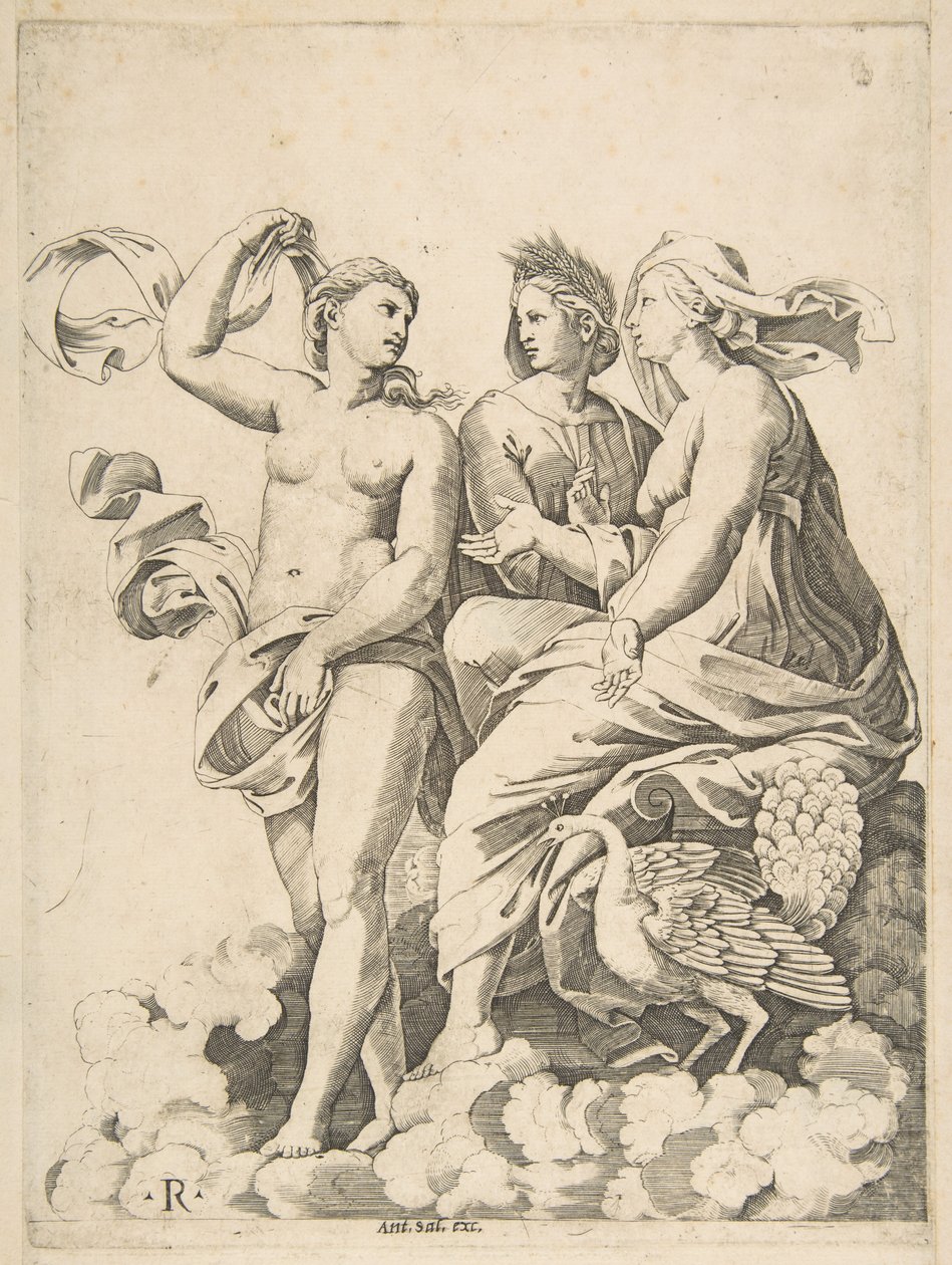 Juno, Ceres a Psyche v oblacích konverzují, Juno sedí s pávem u ní..., ca. 1515-27. od Marco Dente
