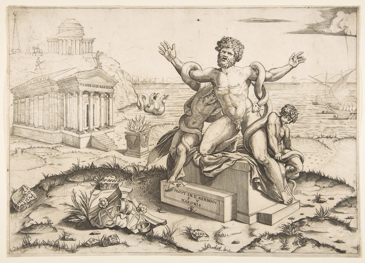 Laocoön a jeho dva synové byli napadeni hady na podstavci, chrám Mi..., ca. 1515-27. od Marco Dente
