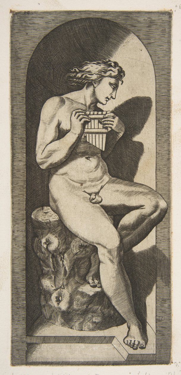Olympus nahý sedící na pařezu držící trubky, zasazený do výklenku, ca. 1515-27. od Marco Dente