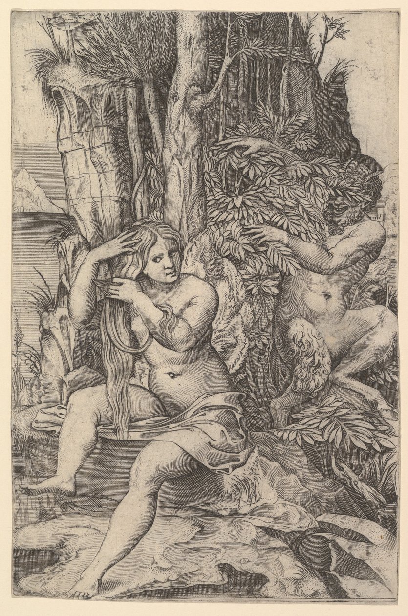 Pan špehuje nymfu Syrinx, která sedí na skále a češe si vlasy, ca. 1516-20. od Marco Dente