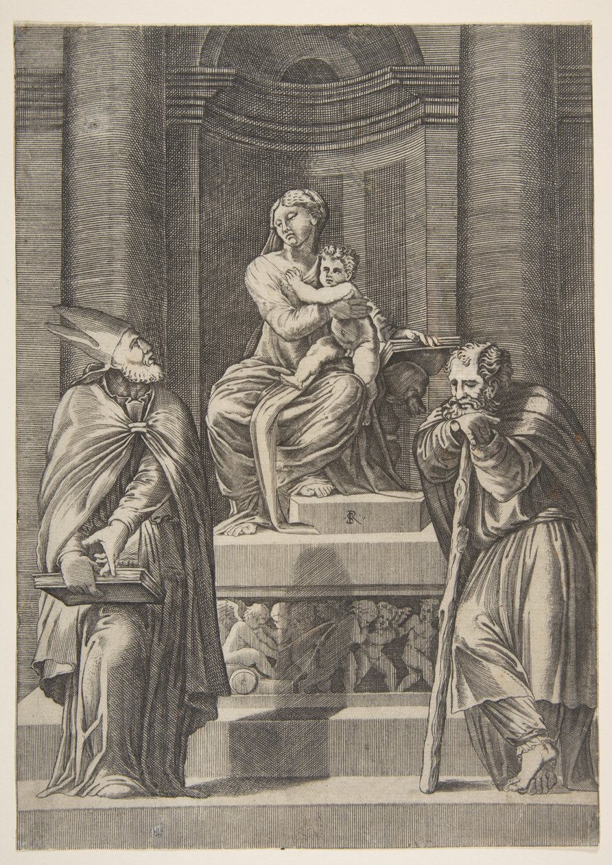 Svatý Josef vlevo a biskup vpravo stojící před oltářem Panny Marie ..., ca. 1515-27. od Marco Dente