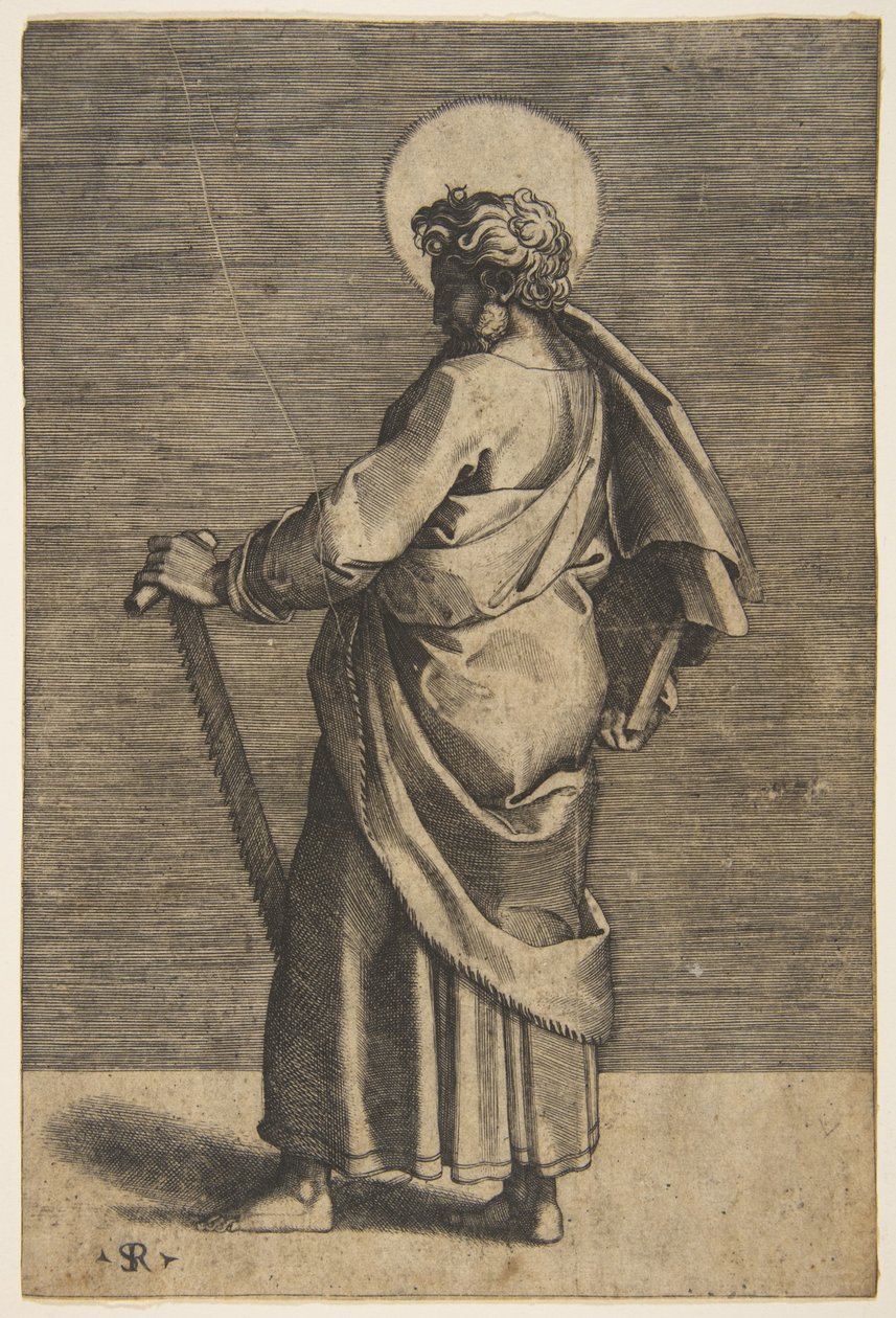 Saint Simon stojí tváří vlevo, drží pilu a knihu, ca. 1515-27. od Marco Dente