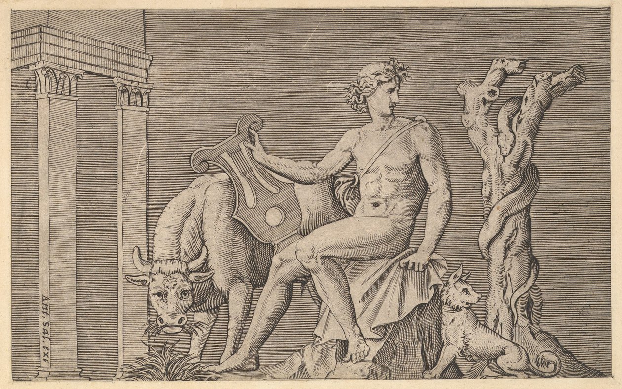 Zrcadlo římské velkoleposti: Apollo hlídající hejna Admetus, 16. století. od Marco Dente
