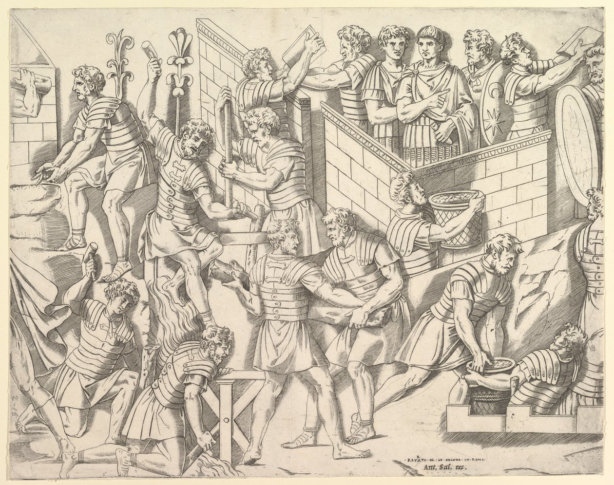 Speculum Romanae Magnificentiae: Římští vojáci opevňující svůj tábor, z Trajanu..., 16. století. od Marco Dente