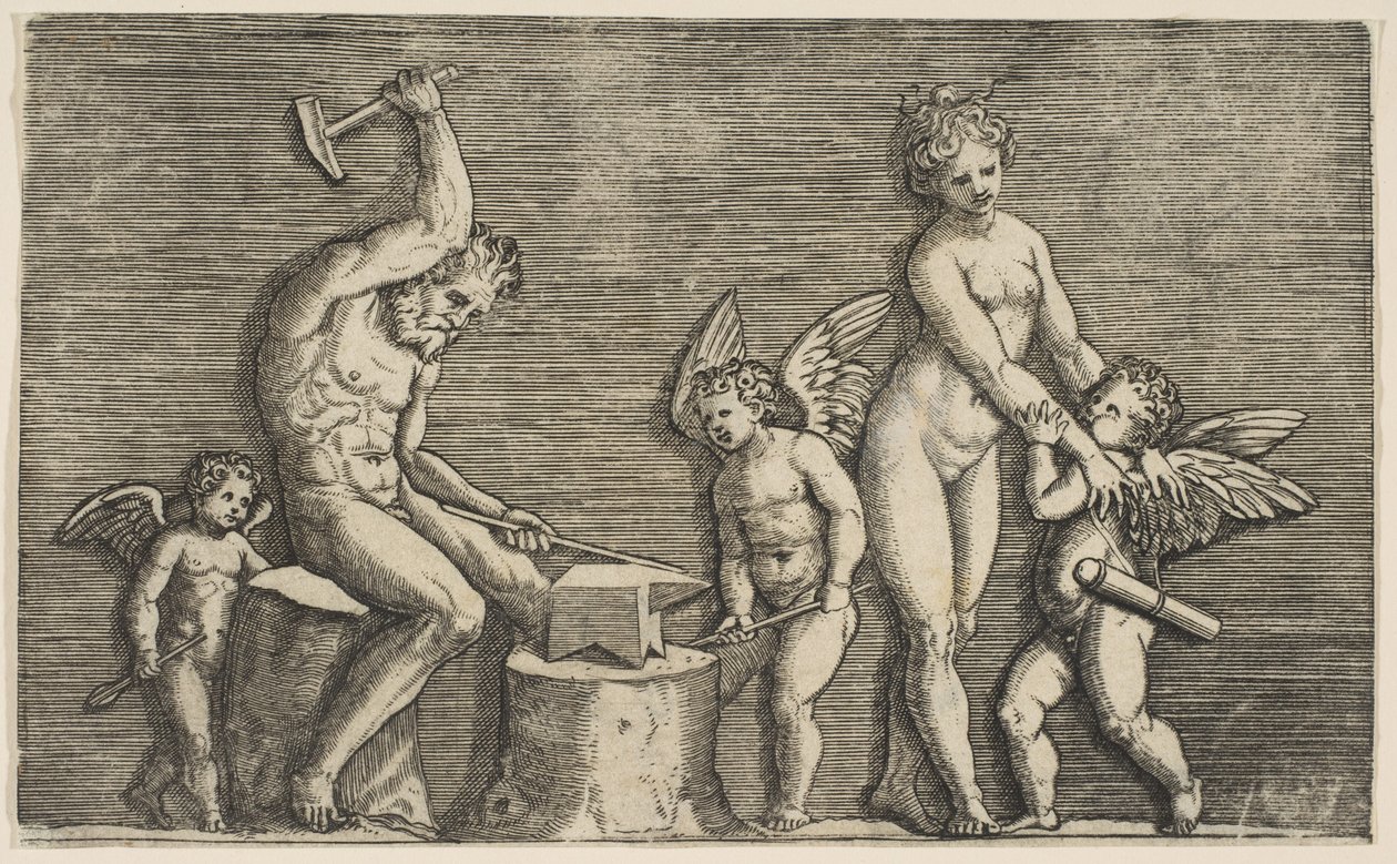 Vulcan seděl a bušil na kovadlině lemované Venuší a třemi amorky, ca. 1515-27. od Marco Dente