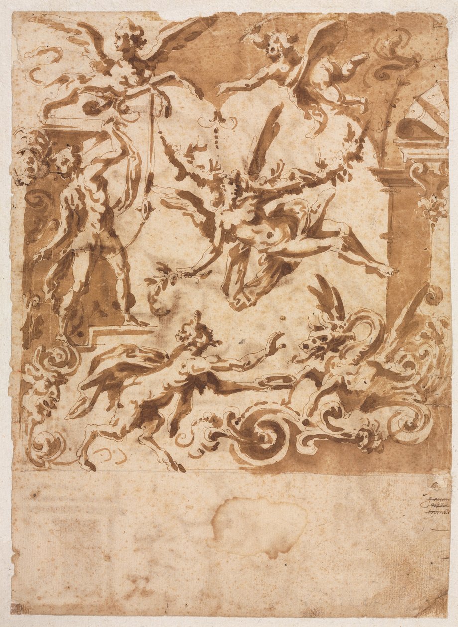 Groteska se satyrem krmícím draka recto, Groteska se skákajícím kentaurem verso, c1565158 od Marco Marchetti