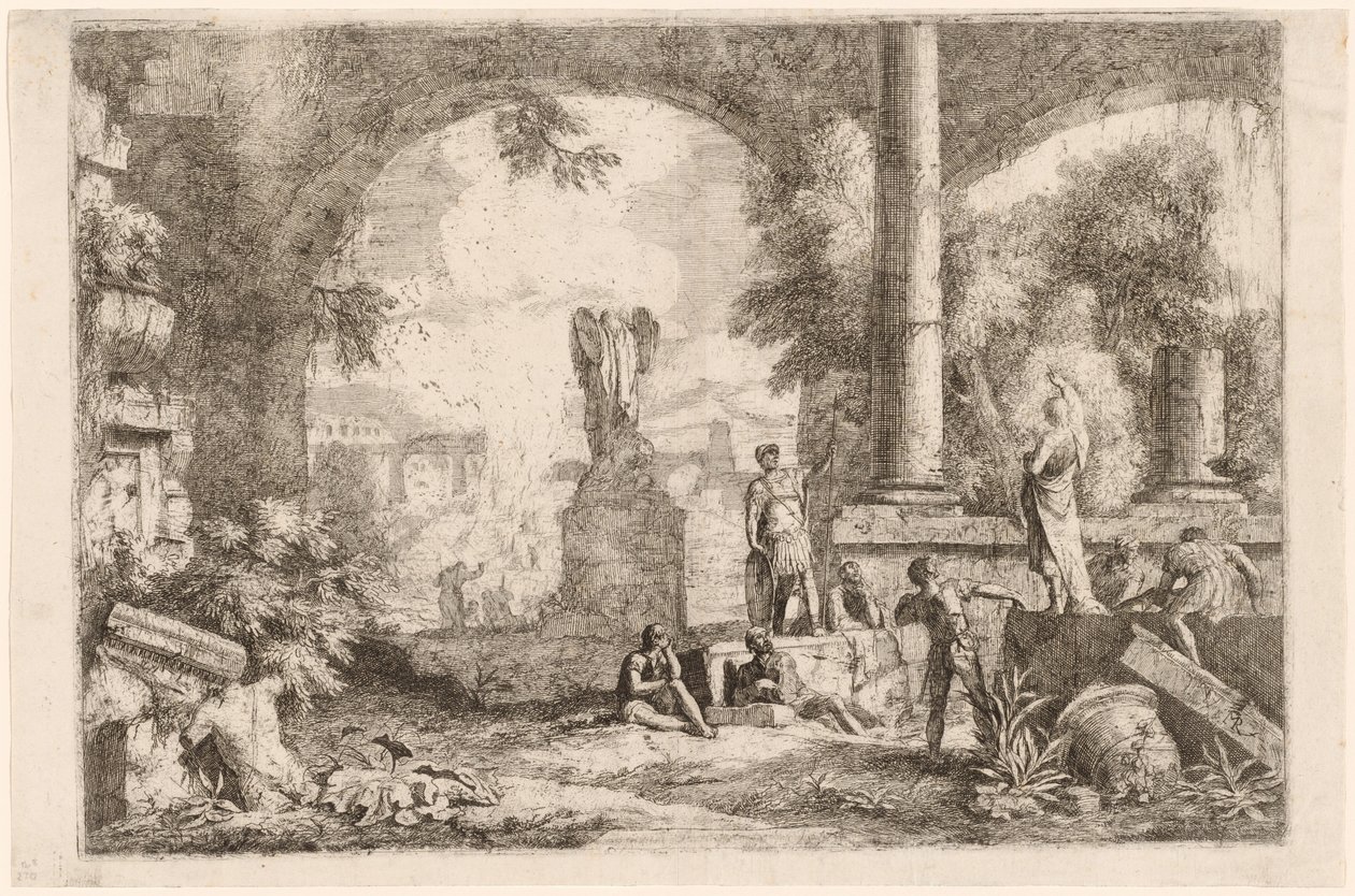 Capriccio antických ruin s muži hledícími na klasického řečníka od Marco Ricci