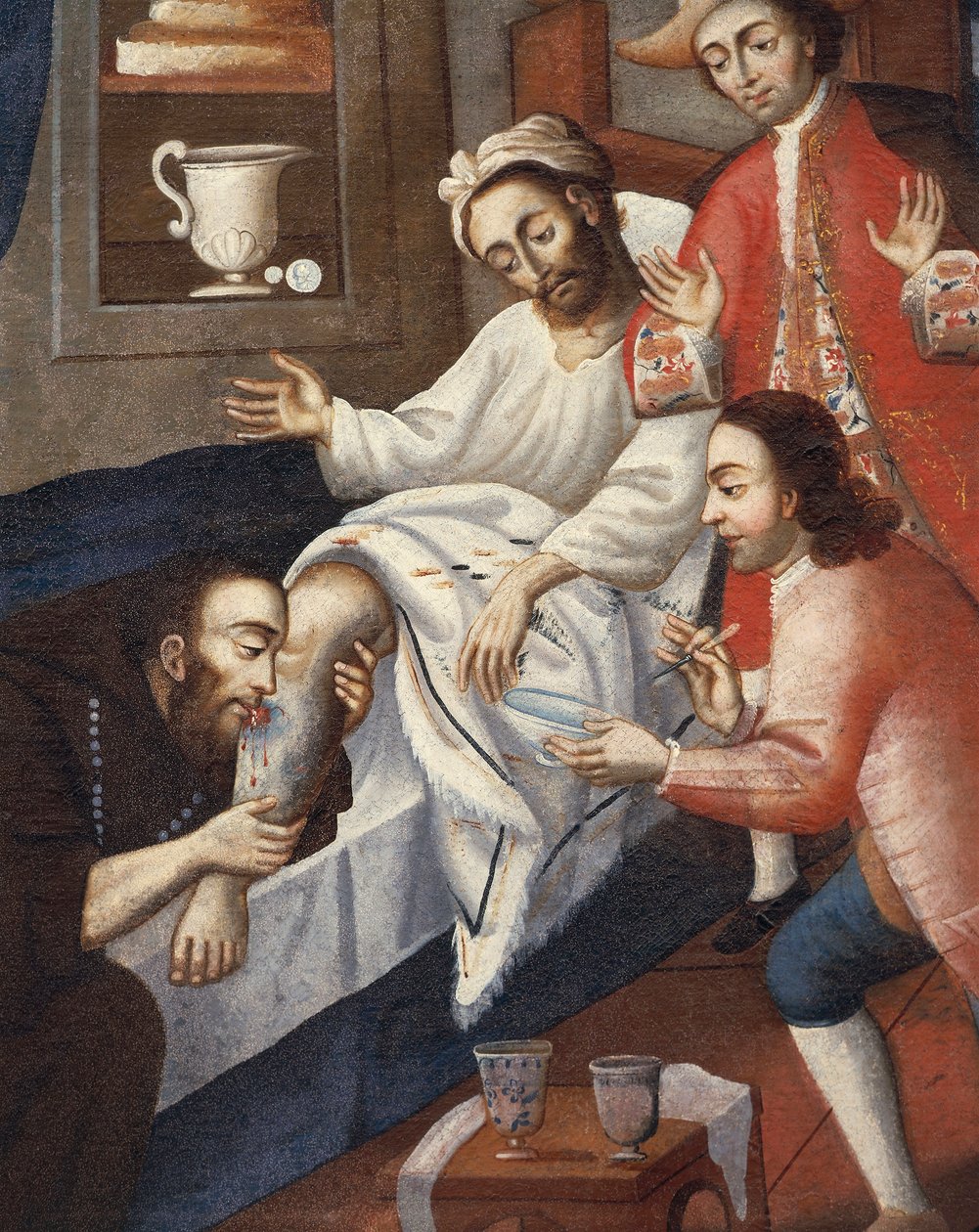 Náboženští muži ošetřující pacienta v nemocnici St. Andrew Hospital, Cuzco (olej na plátně) od Marcos Zapata
