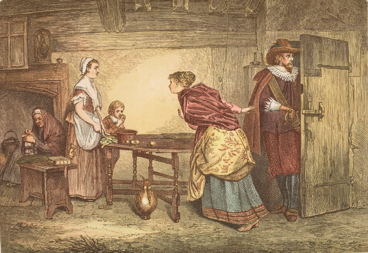 Royalisté hledající útočiště v domě puritána, vyryl J.D. Cooper od Marcus Stone