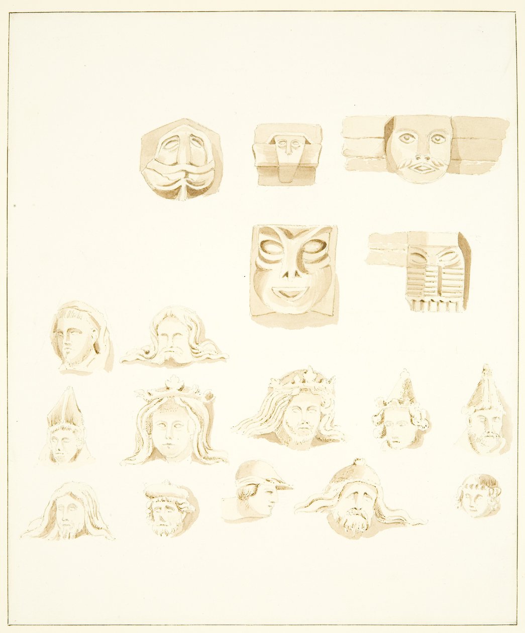 5 Grotesque Heads in the Belfry of Bristol Cathedral a 12 dalších (tužka a akvarel na papíře) od Marcus H. Homes