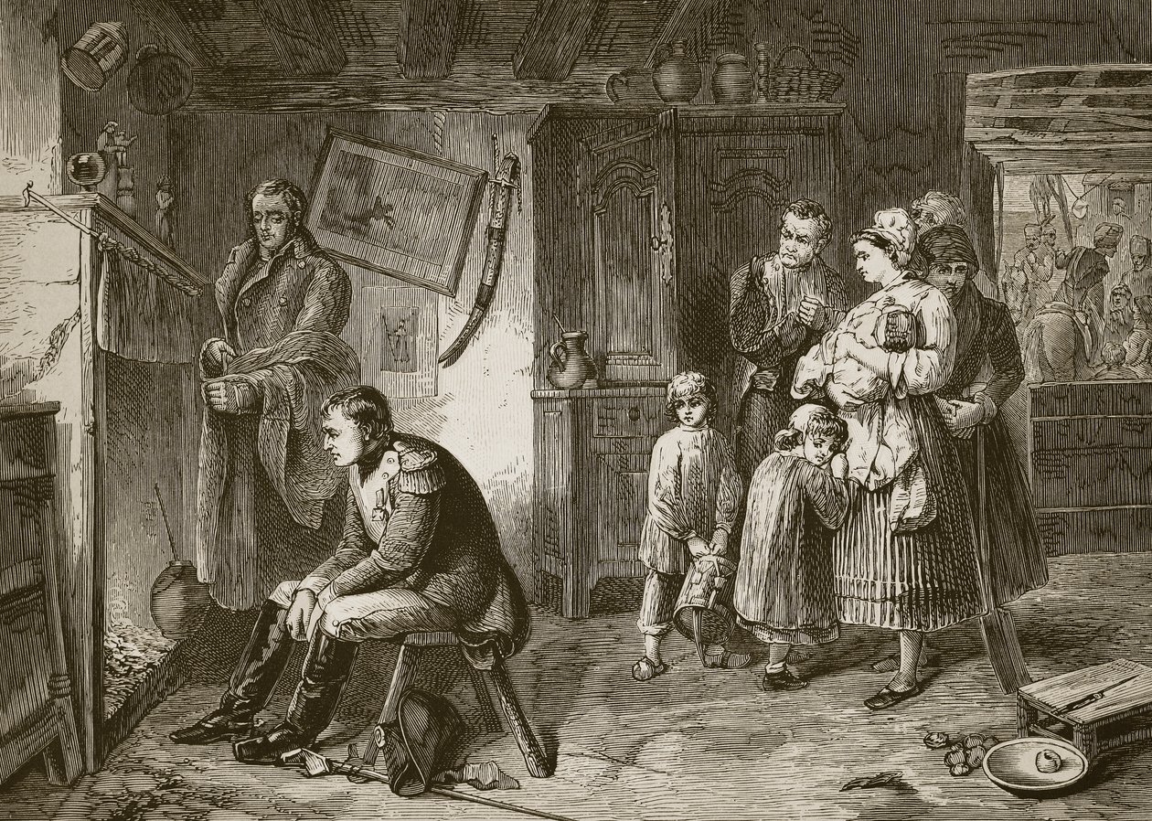 Napoleon hledá odpočinek v chatě u silnice po porážce u Waterloo, kterou vyryl J.D. Cooper od Marcus Stone
