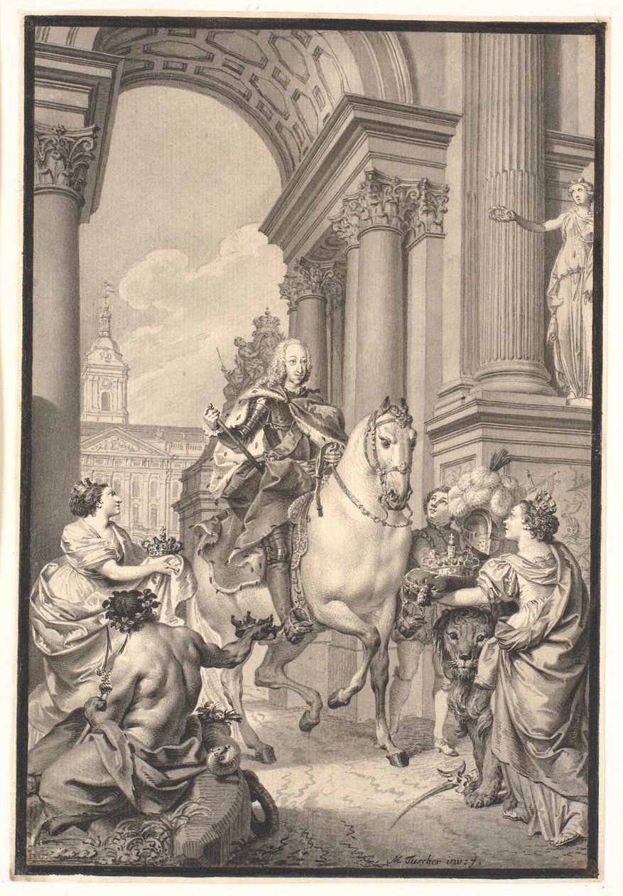 Příprava na obraz: Dánsko a Norsko vzdávají hold Chr. VI (spáleno s Christiansborg 1794) od Marcus Tuscher