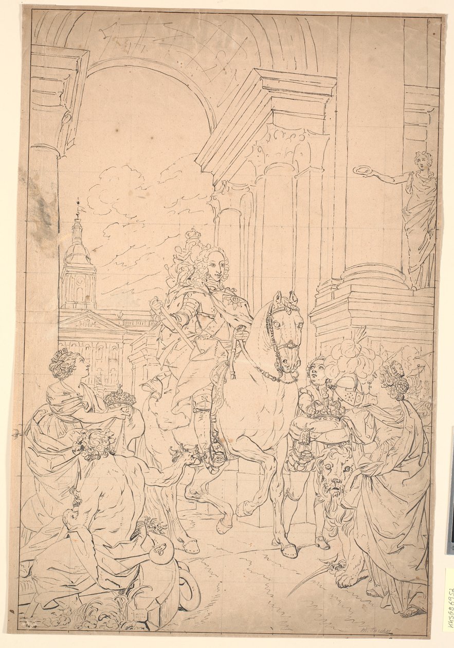 Návrh obrazu: Dánsko a Norsko vzdávají hold Chr. VI (spáleno s Christiansborg 1794) od Marcus Tuscher