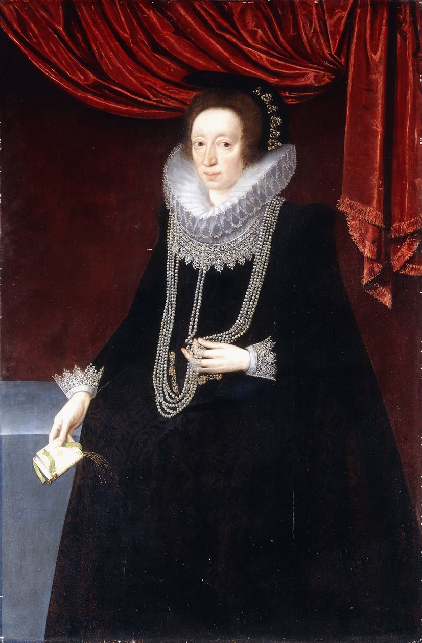 Portrét Margaret Belasyse v černých šatech s perlovým náhrdelníkem a knihou v pravé ruce od Marcus the Younger Gheeraerts