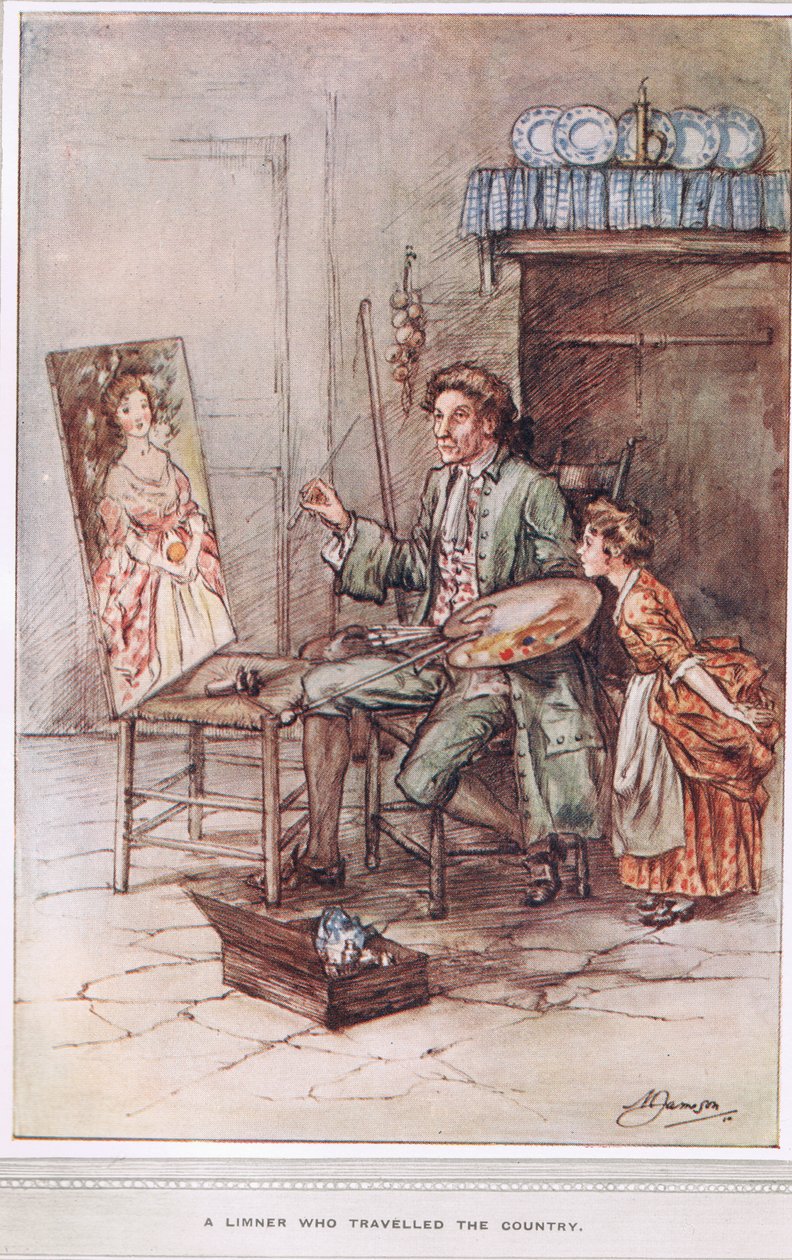 Limner, který cestoval po zemi, ilustrace z „The Vicar of Wakefield“ od Olivera Goldsmitha, kolem roku 1910 od Margaret Jameson
