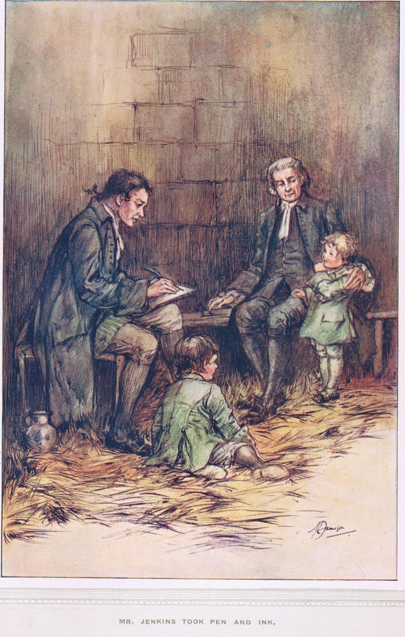 Pan Jenkins vzal pero a inkoust, ilustrace z „The Vicar of Wakefield“ od Olivera Goldsmitha, kolem roku 1910 od Margaret Jameson
