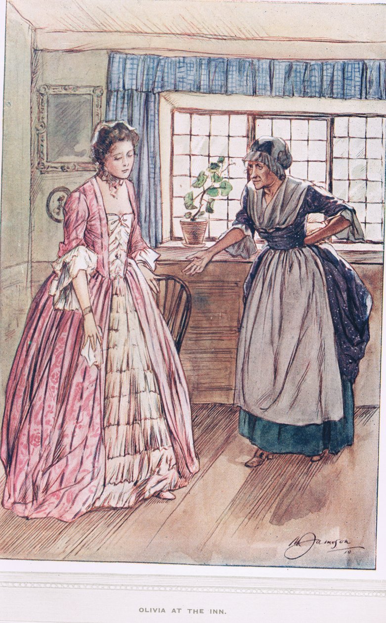 Olivia at the Inn, ilustrace z „The Vicar of Wakefield“ od Olivera Goldsmitha, kolem roku 1910 od Margaret Jameson
