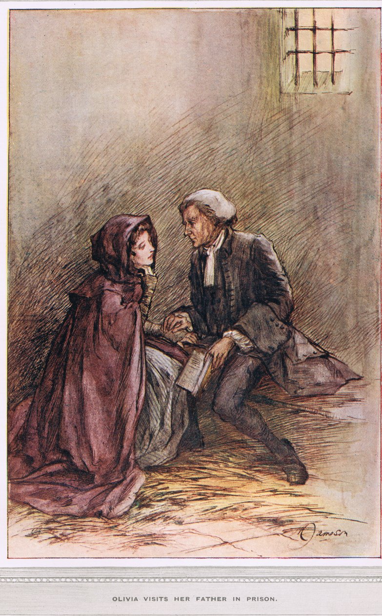 Olivia navštěvuje svého otce ve vězení, ilustrace z knihy Olivera Goldsmithe "Farář z Wakefieldu", asi 1910. od Margaret Jameson