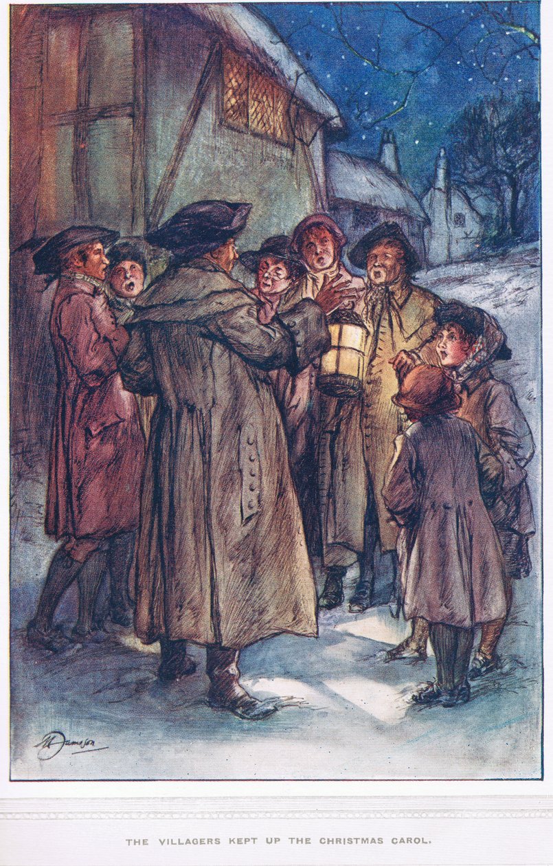 Vesničané zachovali vánoční koledu, ilustrace z knihy "Farář z Wakefieldu" od Olivera Goldsmithe, asi 1910 od Margaret Jameson