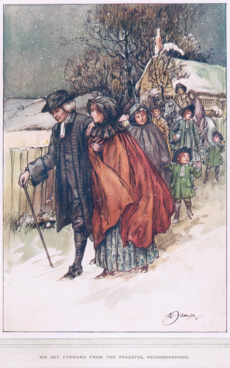 „Vyrazili jsme vpřed z klidného sousedství“, ilustrace z „Vikář z Wakefieldu“ od Olivera Goldsmitha, kolem roku 1910 od Margaret Jameson