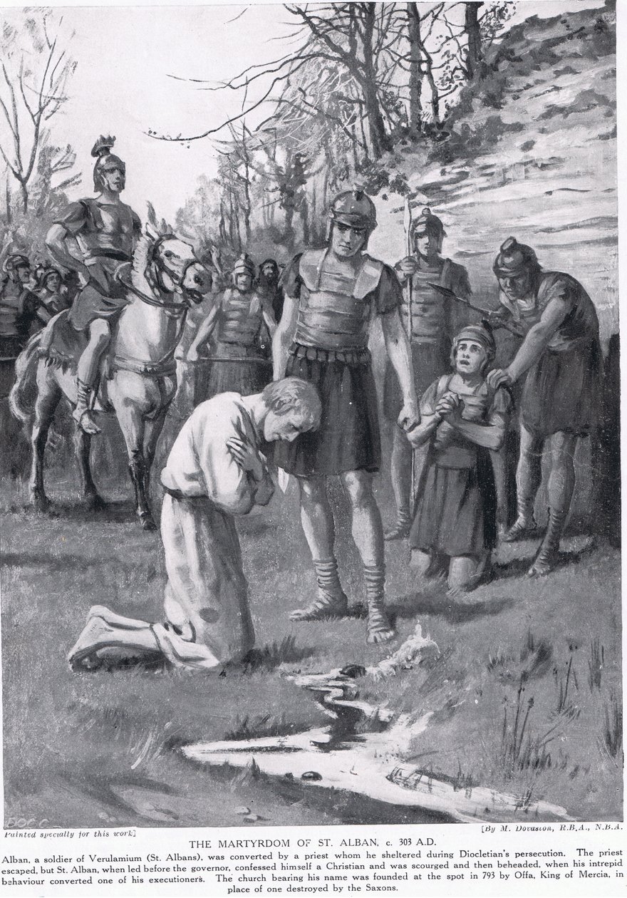 Umučení svatého Albana, ilustrace z Hutchinsonových Dějin národů, cca 1910 (litografie) od Margaret (after) Dovaston