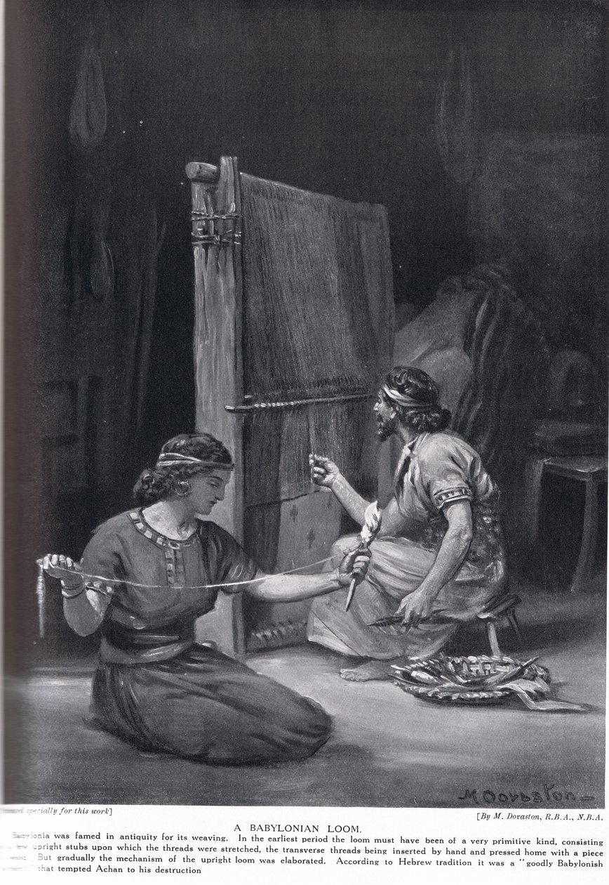Babylonský tkalcovský stav, ilustrace z Hutchinsonovy "Historie národů" (litografie) od Margaret Dovaston