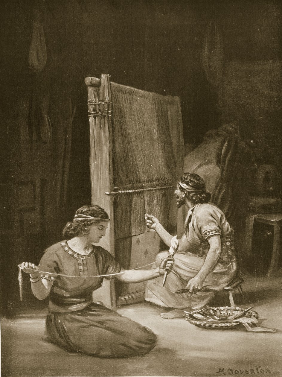 Babylonský tkalcovský stav, ilustrace z Hutchinsonovy "Historie národů" (litografie) od Margaret Dovaston