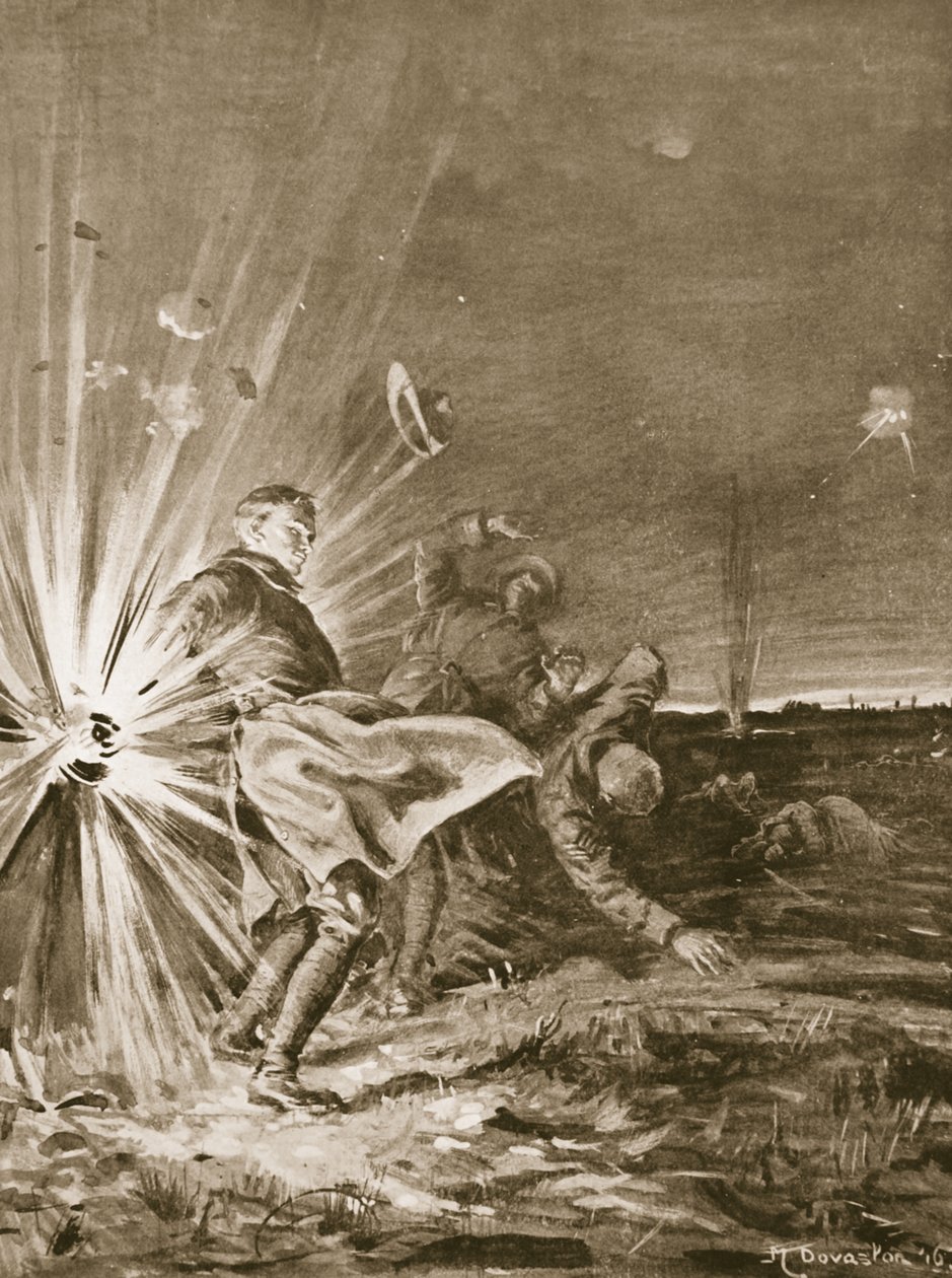 Střela vybuchne v blízkosti vojína Jacksona a utrhne mu ruku, když pomáhá přivést zraněného (litografie) od Margaret Dovaston