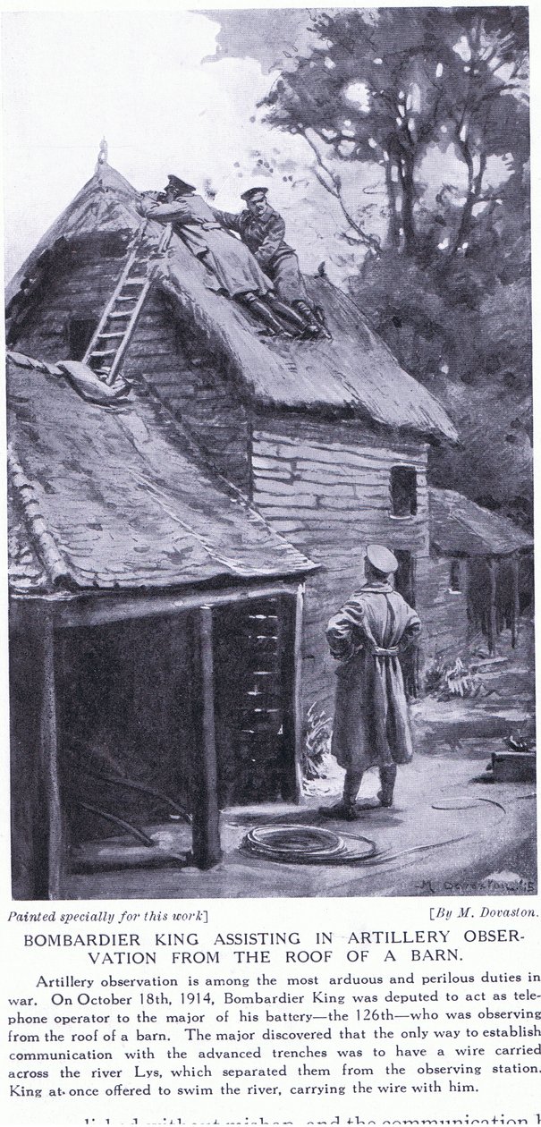 Bombometčík King asistuje při dělostřeleckém pozorování ze střechy stodoly za řekou Lys říjen 1914 (litografie) od Margaret Dovaston