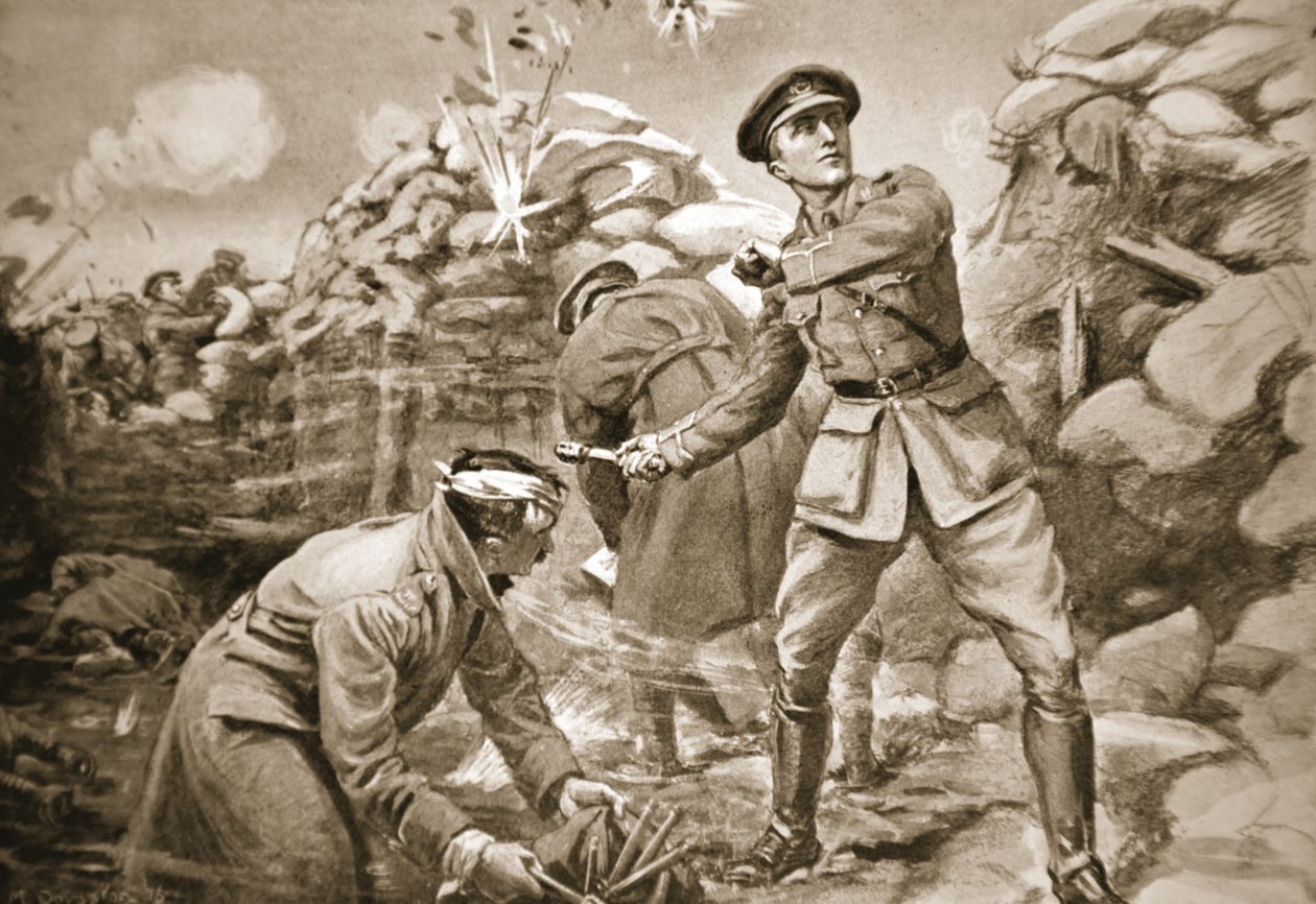 Kapitán Vickers drží nepřítele na uzdě, zatímco se za ním staví bariéra (litografie) od Margaret Dovaston